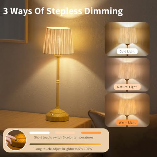 TRRMEZY Vintage Wood Retro Cordless Beside Table Lamp Rechargeable Battery Operated Table lamp,Fabric Shade with 3 Color Stepless Dimming,Touch Control for Bedroom, Nightstand, Dining Room