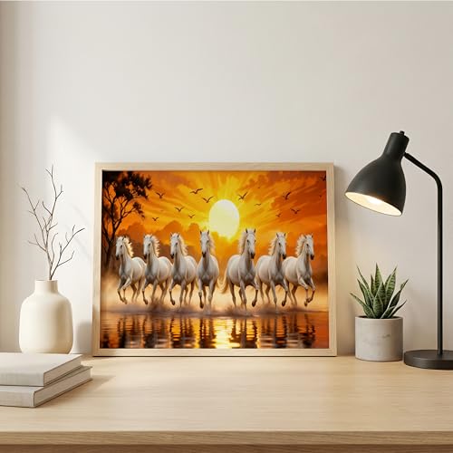 Image of Suneree 7 White Horse Vastu Wall Painting - Running Horses Sunset Landscape Framed Wall Art for Living Room & Office Decor (Natural, Design 02, 13x19 Inch)