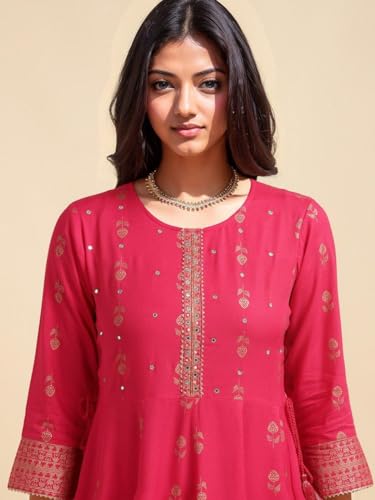Image of rangita Pink Rayon Calf Length Embroidered Anarkali Kurti for Women | Kurta for Women