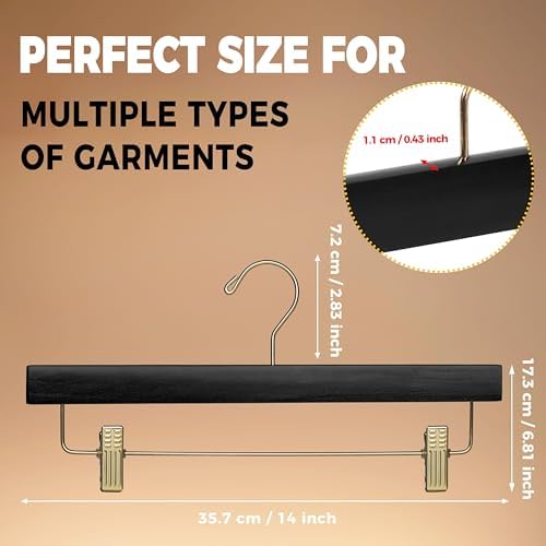 Black Wooden Pants Hangers - 10-Pack Swivel Hook Cloth Hanger Set - Lotus Wood Skirt, Pant, Shorts and Slack Hangers with Adjustable Clip – Black Clothing Hanger (Gold Hook, 10)