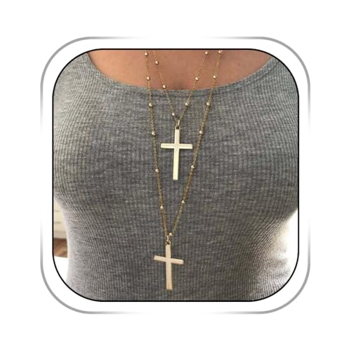 Gold Layered Cross Pendant Necklace Long Vintage Christian Cross Necklaces Boho Jewelry for Women and Men
