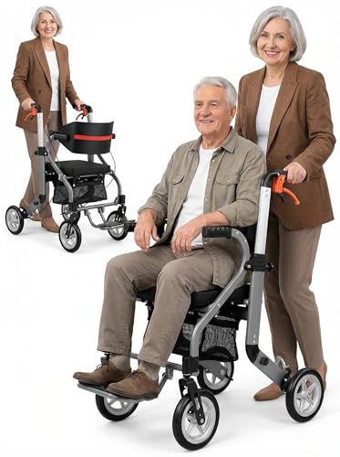 Foldable Rollator Walker for Seniors with Seat22Lbs Aluminum Alloy Portable Mobility Wheelchair 264Lbs Weight Capacity Adjustable Handle & Backrest with Locking Brakes PU Solid Tires Compact Trave