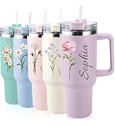 Ships Next Day,Birth Flower 40 Oz Tumbler with Handle and Straw, Personalized Tumbler with Name I...