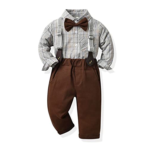 Kids Boys Formal Suspender Outfits sets,Long Sleeve Bowtie Plaid Shirts + Suspender Pants Wedding outfits2