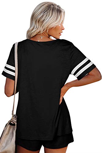 Black Womens Loungewear Sets Short Sleeve Crewneck Striped Sweatsuit Summer Pajamas L