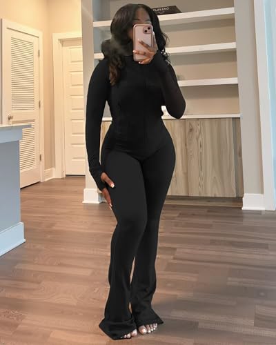 Adogirl Women 2 Piece Outfits Tracksuit Set Long Sleeve Full Zipper Crop Jacket and Flare Pants Workout Set With Pockets3