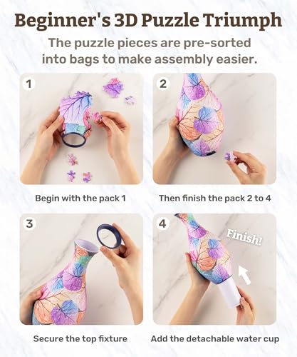 Pintoo 3D Puzzle for Adults 160 Piece Flower Vase - Colorful Leaves - Free Detachable Water Cup Included Plastic Curved Puzzle Pieces No Glue Required [S1034]