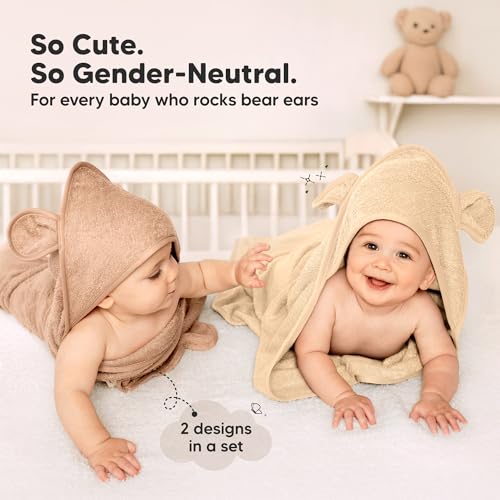 Image of KeaBabies 2-Pack Hooded Baby Towels for Newborn - 30x30 Soft & Absorbent Viscose from Bamboo Baby Bath Towels with Hood for Infant, Toddler,Kids,Boys Girls,Newborn Bath Essentials (Almond, Petite)