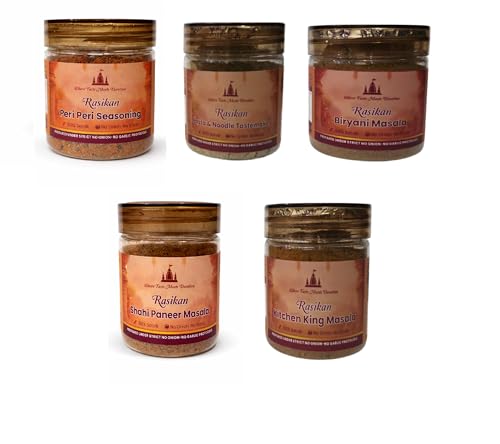 Rasikan Jain Satvik Masala Combo – Kitchen King, Sambhar, Biryani, Pasta Noodle TasteMaker, Shahi paneer (Net wt 480g) No Onion No Garlic | Freshly Ground Small Batch Spices | No Added Colour or Preservatives | Perfect for Bhog, Satvik & Everyday Cooking