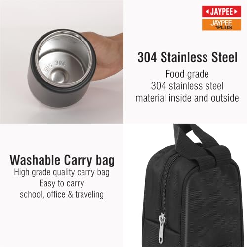 Image of Jaypee Plus Nutri Jar Stainless Steel Vacuum Insulated Food Jar With Bag & Spoon|Hot And Cold Thermal Flask|Double Walled Scratch Resistant Ideal for Office, School, Gym & Travelling | 400 ml, Black
