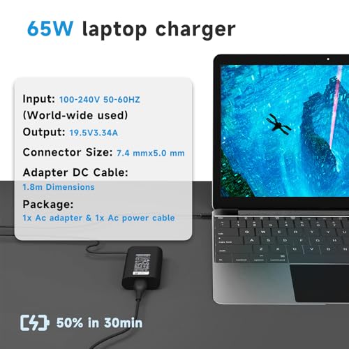 Image of 65W 7.4mm Laptop Charger Compatible with Dell Latitude Inspiron | 19.5V 3.34A AC Adapter For 5400 5480 5490 5500 5590 7480 7490 E5400 E5420 E5450 E5470 LA65NM130 HA65NM130 PA-12 Big Barrel