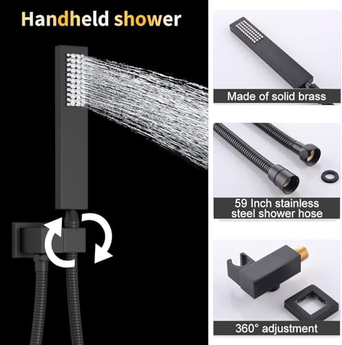 Sistema de ducha dual AYIVG en negro mate con 4 funciones, cabezal de lluvia y cascada de 16 x 24 pulgadas, cabezal de pared de 8 pulgadas con ducha manual y válvula digital miniatura 4