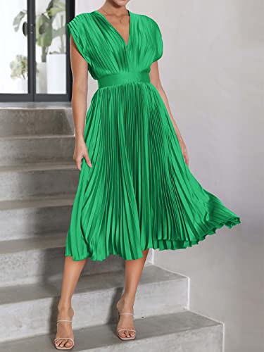 Mascomoda Elegant Satin V Neck Pleated Midi Dress Short Sleeve Formal High Waisted Flowy Long Summer Dresses For Women 2023 (Grass Green, Medium) #TOP3