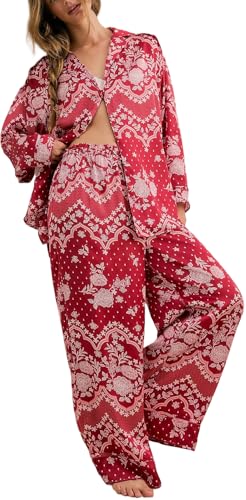 Image of LILTWIST Silk Satin Pajamas Set for Women 2 Piece Floral Pjs Wide Leg Lounge Pants Set Long Sleeve Button down Pj Shirts Set