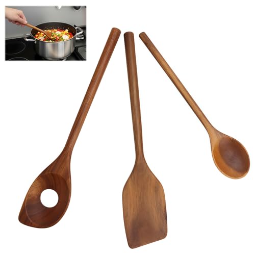 Set de utensilios de cocina madera 3 piezas - Espátula de madera, cuchara de madera y cucharón - Utensilios cocina madera para sartenes antiadherentes