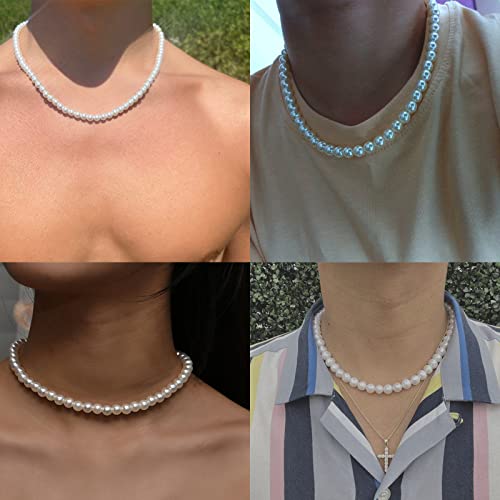 P. BLAKE Pearl Necklace for Men 8mm White Mens Pearl Choker Necklace Trendy Jewelry Gifts for Men Women
