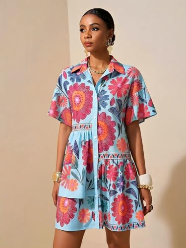Image of SOLY HUX Women's Floral Button Down Shirt Dress Collared Short Sleeve Ruffle Babydoll Summer Boho Vacation Short Dresses