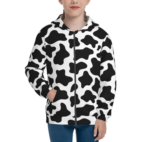 Cow Print Black White Kids Pullover Hoodies Boys Zip Up Sweatshirts Girls Athletic Clothes with Pocket3