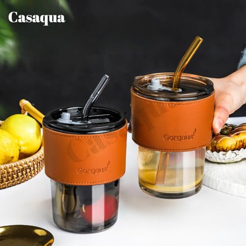 Image of Glass Tumbler with Leather Sleeve & Glass Straw - 400ML, Set of 1, Leakproof Lid, Reusable Travel Coffee Cup for Hot & Cold Drinks, Iced Coffee, Smoothies, Juice, Water, Office (Random Color)