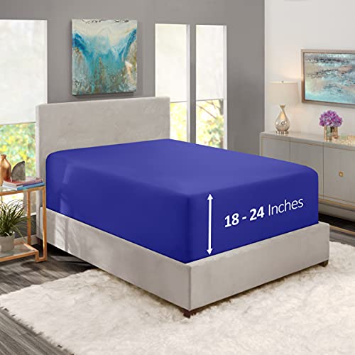 Image of Hearth & Harbor Extra Deep Pocket Queen Fitted Sheet - Fits 18 to 24 Inch Mattress - Ultra Soft 1800 Microfiber, Wrinkle-Free & Breathable - Hotel Luxury Fitted Sheet Only, Royal Blue