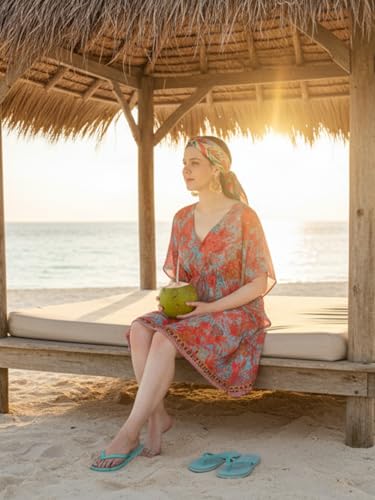 Image of KE KANHA EXPORTS Kaftan Dress|kafthan Dress for Women|Kaftan Kurti for Women|Beach wear Dress for Women|Boho Beach|Border Print Drawstring Tassel|Printed|Easily fits M to XXL|Bust32-42in Length36in