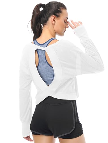 EYZH Women's Open Back Workout Top - Long Sleeve Yoga Crop Top with Thumb Holes, Breathable Athletic Shirt2