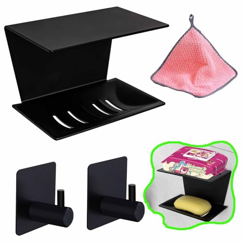 1 Selbstklebende Seifenschale (Seifenhalter) mit Ablage und 2 Handtuchhaken Zur Verwendung in Dusche, Badezimmer, Küche, Bad und Toilette. Installation ohne Bohren von Löchern.(3, schwarz, Größe A)