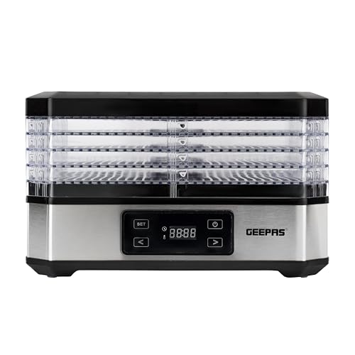 Geepas 500W Digital Food Dehydrator - 5 Large Trays Adjustable Temperature & 1-48 Hours Timer | Ideal for Fruit Healthy Snacks Vegetables Meats & Chili