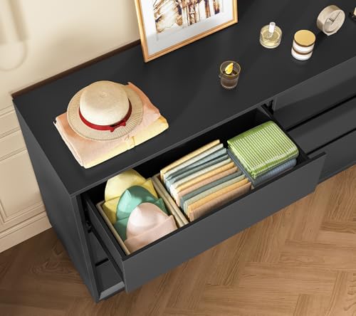 Image of TEENFON 55 inch Dresser for Bedroom with 6 Drawers, Black Dresser with Metal Slide, Bedroom Dressers, Wood Dressers & Chests of Drawers for Bedroom, Hallway, Black