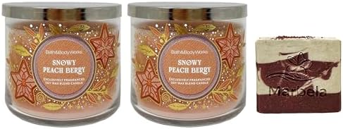 Bath & Body Works Snowy Peach Berry 2 Piece 3-Wick Scented Candle Set with a Cherry On Top Bar Soap