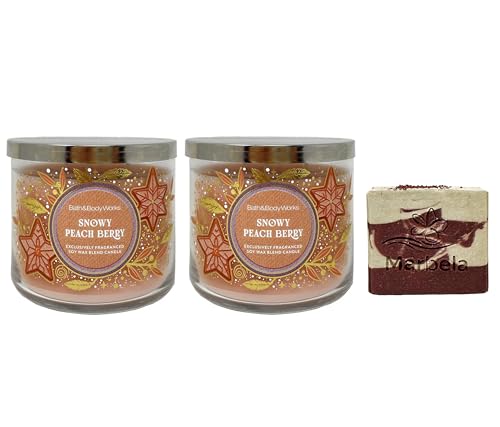 Bath & Body Works Snowy Peach Berry 2 Piece 3-Wick Scented Candle Set with a Cherry On Top Bar Soap