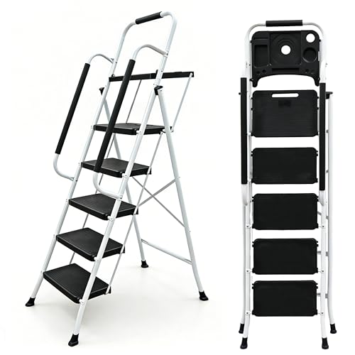 XCL Step Ladder with Handrails, Step Ladder Step Folding with Tool Platform, Step Stool with Handle with Anti Slip Handle, Widened Anti-Skid Pedal, for Home Kitchen (5 Step Ladder with Handrails)