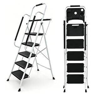 XCL Step Ladder with Handrails, Step Ladder Step Folding with Tool Platform, Step Stool with Handle with Anti Slip Handle, Widened Anti-Skid Pedal, for Home Kitchen (5 Step Ladder with Handrails)