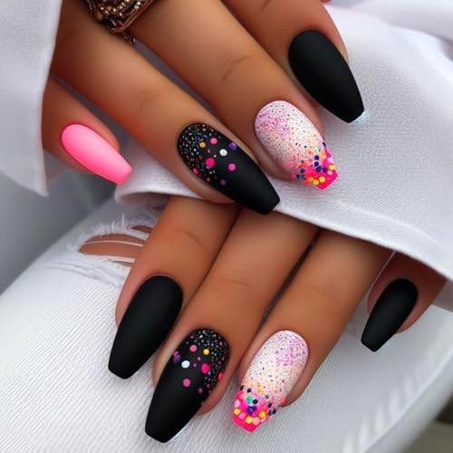 Square Press on Nails Color Fake Nails with Polka Dot Design Matte Shiny Glue Nails Reusable Full Cover Artificial Acrylic False Nails Dazzling Stick Onnails Press on Nails for Women Girls 24 Pcs
