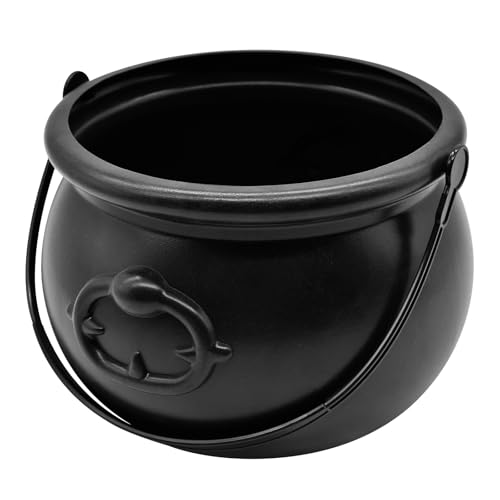 SpinLaLa 8" Plastic Black Cauldron Kettle Halloween Candy Bowl, Large Witch Cauldron Pot Bucket for Halloween Decorations Trick or Treat Party Supplies