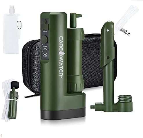 CaredWater Portable Electric Water Filter Survival for Camping Backpacking Hiking Travel, Water Filtration System Purifier Survival with Backup Hand Pump and Emergency Phone Charger