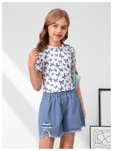 Image of RoseSeek Girl's 3 Packs Graphic Tees Butterfly Embroidery Short Sleeve T Shirt Crewneck Slim Fit Tops