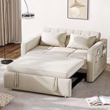 DWVO 55' Convertible Sofa Bed, 3-in-1 Sleeper Sofa with Pull-Out Bed, Velvet Futon Couch with Adjustable Backrest and Side Pocket, Modern Loveseat for Living Room Apartment, Dark Beige, Full Size