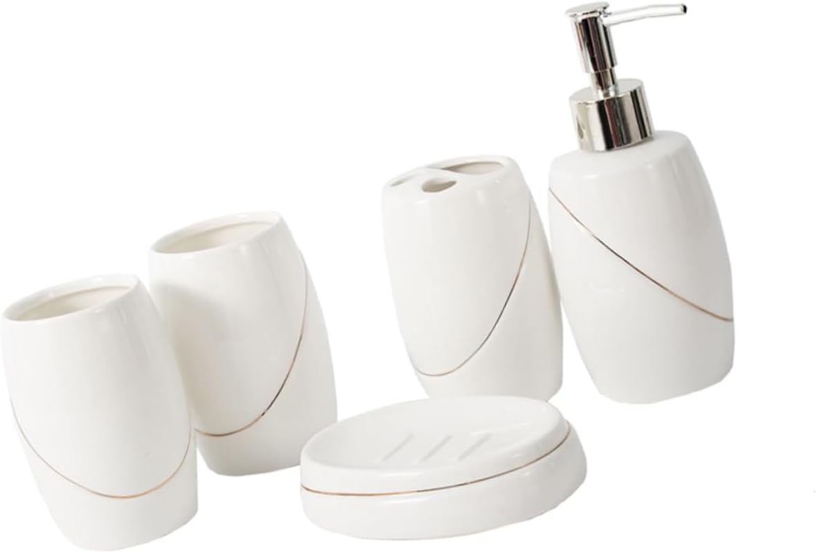 OUNONA 5Pcs Bathroom Accessory Toothbrush Holder Soap Tray Lotion Bottle and Tumbler Cups for Home Hotel Use and Storage