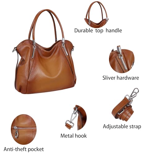 Image of HESHE Leather Shoulder Purses for Women Tote Handbags Satchel Hobo Handbag | Designer Genuine Leather Travel Top Handle Work Bag Ladies Crossbody Purses Adjustable Straps Large Capacity Zippered Closure