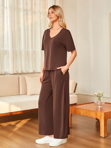 Kikibell Lounge Sets for Women Summer Matching Pajama Set Short Sleeve Tops Wide Leg Pants with Pocket Casual Outfits Brown,S — view 2