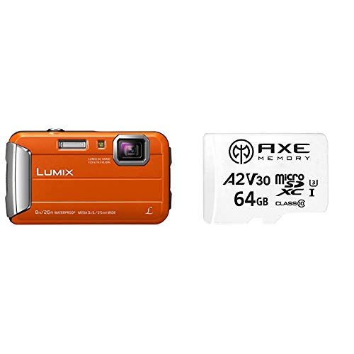 LUMIX DMC-FT30EG-D Outdoor Kamera (orange) + Axe 64 GB MicroSDXC Speicherkarte + SD-Adapter mit A2 App Performance, V30 UHS-I U3 4K Ultra HD