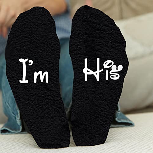 His and Hers Gift Set Cute Socks Fuzzy Novelty Socks Slipper socks (Black 10-13, I'm His)2