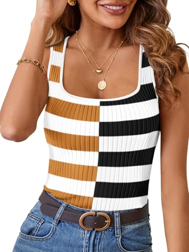 Image of MEROKEETY Women's Summer Square Neck Tank Tops | Sleeveless, Ribbed Knit, Striped Pattern, Slim Fit, Stretchy Soft Sweater Vest Casual Work Outfits