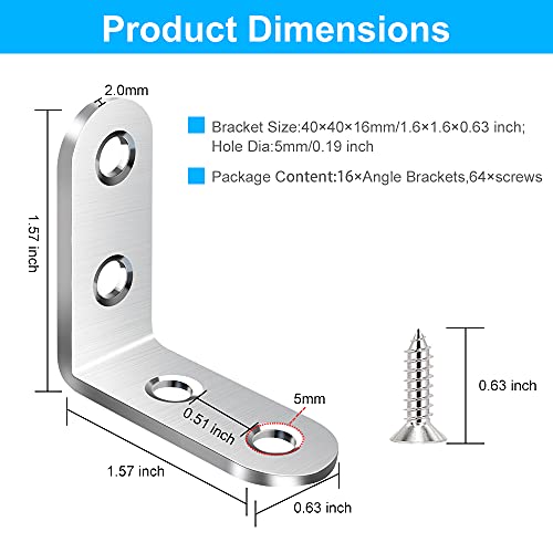 SEANSDA 18PCS L Bracket Corner Brace, Stainless Steel Corner Brackets, 90 Degree Right Angle Bracket, Metal L Brackets for Wood Shelves Furniture Cabinet with 72PCS Screws (40mmx40mm)