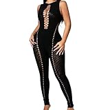 Linzdvay Sexy Mesh Jumpsuit for Women, Fishnet Leopard Sleeveless Bodycon One Piece Club Black Jumpsuits Lingerie Rave Poster Girl Outfit Going Out Birthday Outfits Valentine's Day