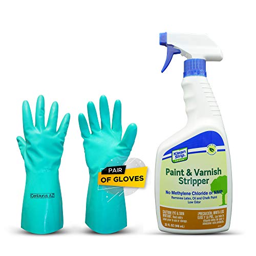 Klean Strip Green Paint & Varnish Stripper- Strips Layers of Latex Paints, Oil Based Paint, Lacquer, Wax & Stain from Wood, Metal & Masonry Surfaces- 32oz with Centaurus AZ Chemical Resistant Gloves