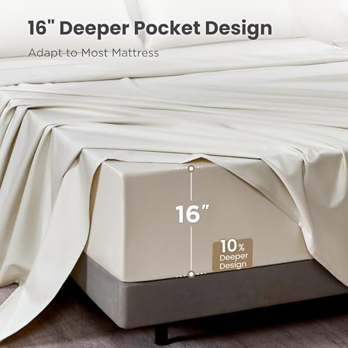 Image of Sophia & William 100% Cotton Sateen Sheet Set Queen Size 4 Piece Set Ivory | 1000 Thread Count Ultra-Soft 4 Piece Bedding, Extra Deep 16 inch Pocket Fitted Sheet Fits Most Mattresses, OEKO-TEX 100 Certified