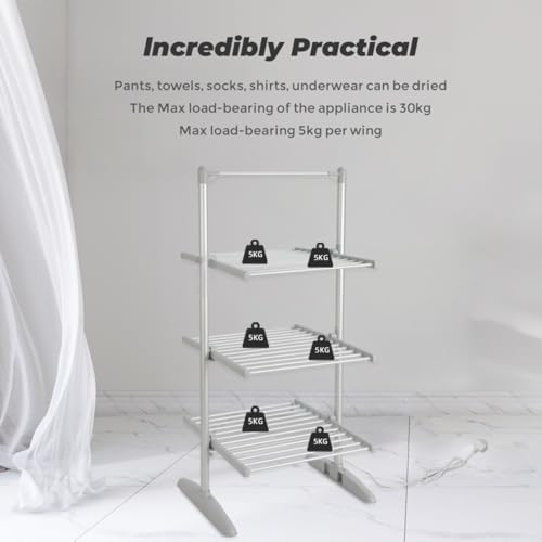 AMOS 3-Tier Electric Heated Clothes Airer with Cover & Digital Thermostat – 300W Foldable Aluminium Dryer, 36 Heating Tubes, Large Drying Capacity, Portable Indoor Laundry Rack, Silver - Image 4