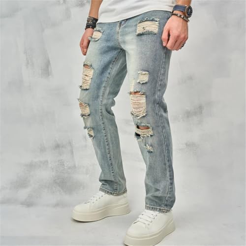 Men Streetwear Spring Loose Holes Distressed Straight Jeans Pants Retro Male Denim Trousers2